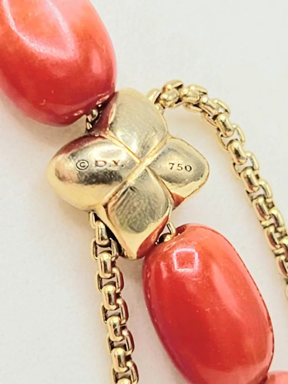 David Yurman Bijoux Pebble Bead Bracelet in Yellow Gold w/ Red Sea Bamboo Coral
